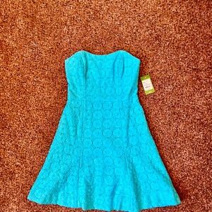 NWT Lilly Pulitzer Blue Strapless Vicki Dress Embroidered A-Line Mini, Size 4
